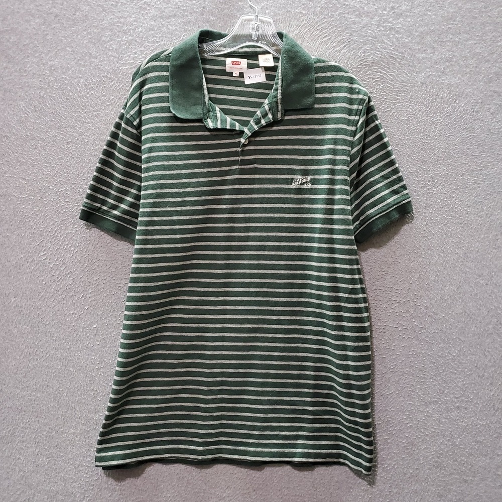 Levi's Men Polo Shirt XL Green Striped Golf Logo Embroidered Short Sleeve Collar